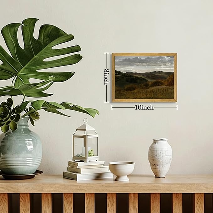 Framed Vintage Mountain Landscape Wall Art, Rustic Countryside Hills Canvas Print, Retro Farmhouse Nature Oil Painting Picture for Living Room Bedroom Home Wall Decor 8x10 Inch