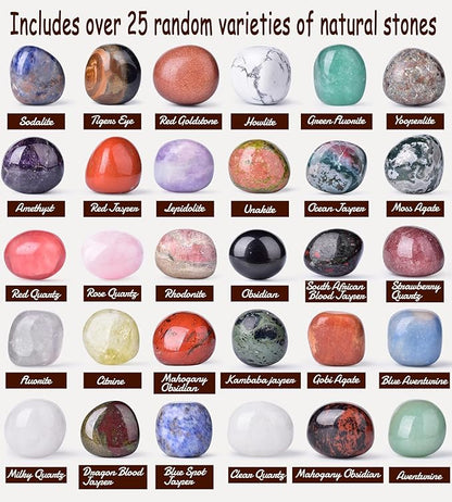Polished Stone Set Mixed Crystals, Christmas Gift for Kids, 1.2" - 2.5 lbs, 25 Types of Extra Large Size Tumbled Gemstones and Crystals Bulk for Healing, Reiki, Meditation, Witchcraft
