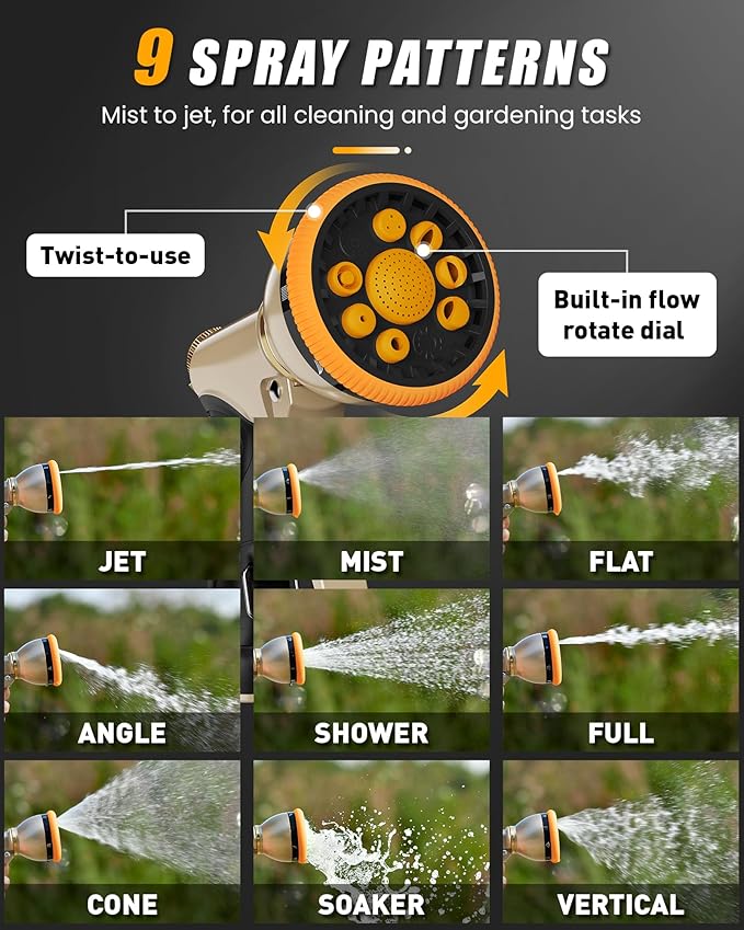 RAINPOINT Garden Hose Nozzle, Heavy Duty Metal Water Hose Sprayer Nozzle with 9 Adjustable Spray Patterns, High Pressure Hand Sprayer for Watering Plants & Lawns (Orange)