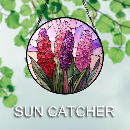 Stained Glass Window Hanging 4 Pcs Set Purple Flower Theme 7.8" - Tulip Suncatcher Door Garden Sun Catcher Decor Birthday Christmas for Plant Lovers Woman Nana Men