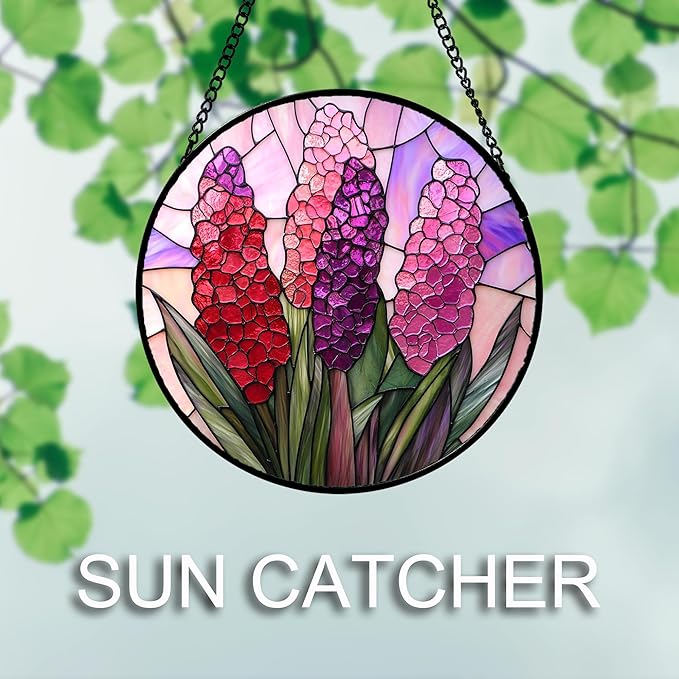 Stained Glass Window Hanging 4 Pcs Set Purple Flower Theme 6.3" - Tulip Suncatcher Door Garden Sun Catcher Decor Birthday Christmas for Plant Lovers Woman Nana Men