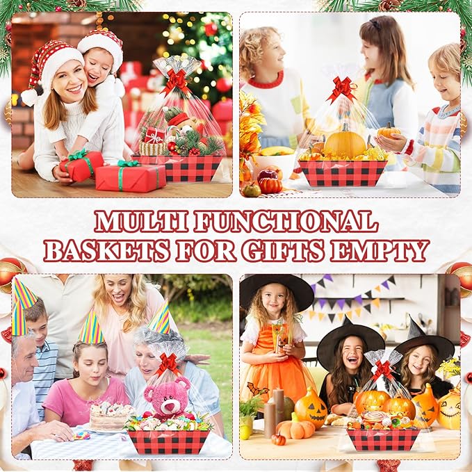 AFOROEOA 10PACK Christmas Gift Baskets Empty, Baskets For Gifts Empty 10x12”Thick Gifts Basket with 10 Bows 10 Bags Gift Basket for Christmas Xmas Wedding Birthdays Party Wrapping （Red Plaid）