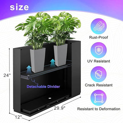 Tall Metal Planter, 12" W×24" H Large Rectangular Planter Box for Outdoor or Indoor, All-Weather Durable Plant Box with Drainage Holes & Removable Shelf for Patio, Porch, Garden, Trees, Flowers