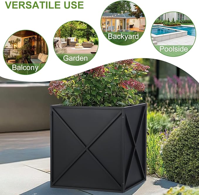 BAYN Metal Square Planter Box Tall Planters for Outdoor Plants Modern Heavy Duty with Drainage Holes for Outside Indoor Patio Deck - Black, 17”x 17”x 18”