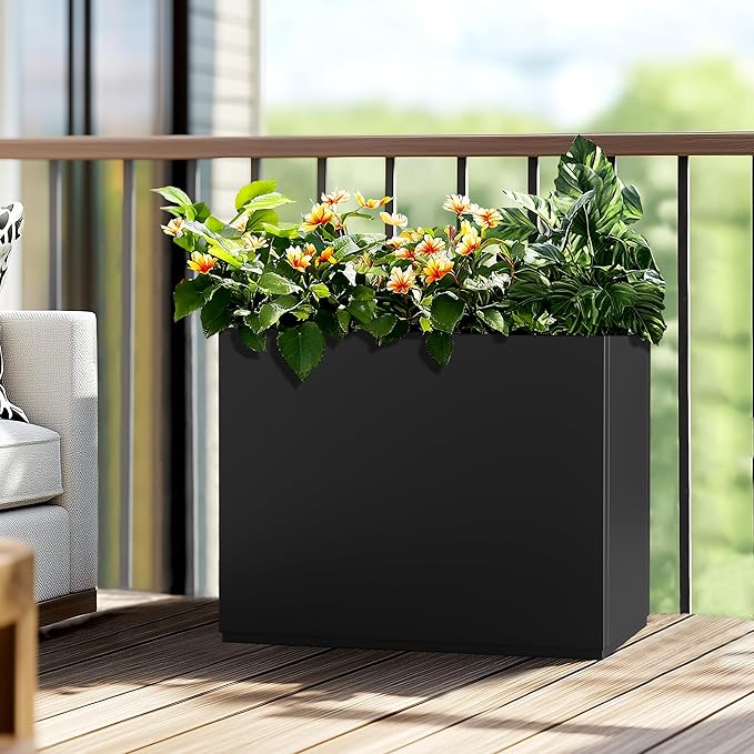Rectangle Planter for Indoor & Outdoor, Tall and Long Planter Boxes with Drainage Holes, Mental Divider Planter Box All-Weather Use for Plants, Flowers, 35" L x 9" W x 26" H, Black