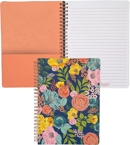 Steel Mill & Co Cute Floral Mini Spiral Notebook, 8.25" x 6.25" Journal with Durable Hardcover and 160 Lined Pages, Garden Blooms (Navy)