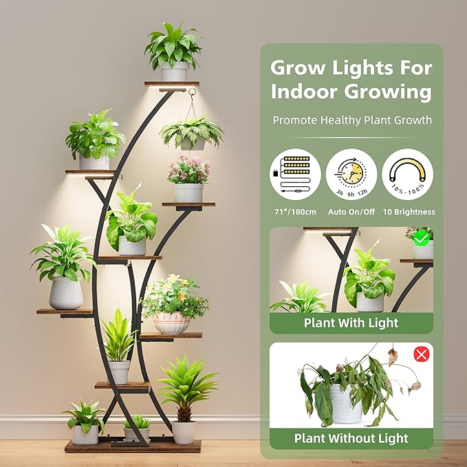 Plant Stand Indoor with Grow Lights: 64" 2 Pack Large Plant Stands, 8 Tiered Curved Plant Shelf for Indoor Plants Multiple, Tall Lighted Corner Display Stands, Flower Holder for Living Room, Patio