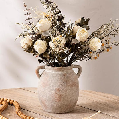 Ceramic Flower Small Vase 6 inch Farmhouse Rustic Vase Decorative Pottery Terracotta Vases for Home Decor Table Mantle Fireplace Living Room Bathroom Wedding Centerpiece
