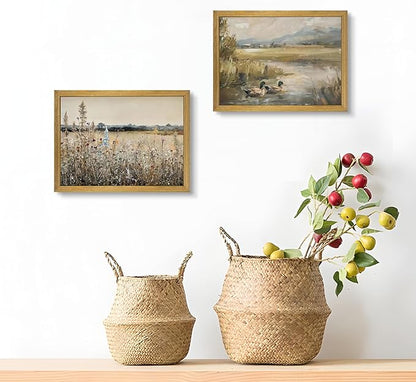 Vintage Countryside Landscape Canvas Wall Art – Mallard Ducks Wildlife Painting, Rustic Nature Decor Print Poster for Living Room Bedroom Farmhouse Wall Decor 8x10 Inch Framed