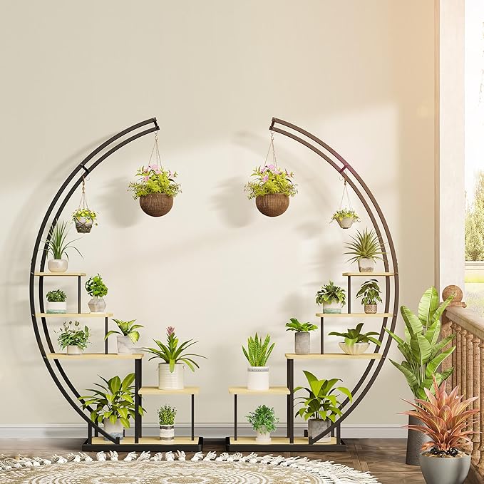 JAKE&JULIA Plant Stand, Moon 5 Tier Tall Metal Plant Shelf with 3 Hooks, Large Curved Shape Rack Plant Holder for Living Room, Garden, Patio, Balcony