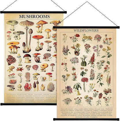 Geosar 2 Pcs Vintage Mushroom Flower Butterfly Tree Poster Fungus Rustic Wall Hanging Illustrative Reference Chart Poster for Bedroom Living Room, 15.7 x 23.6 Inch(Mushroom,Flower)