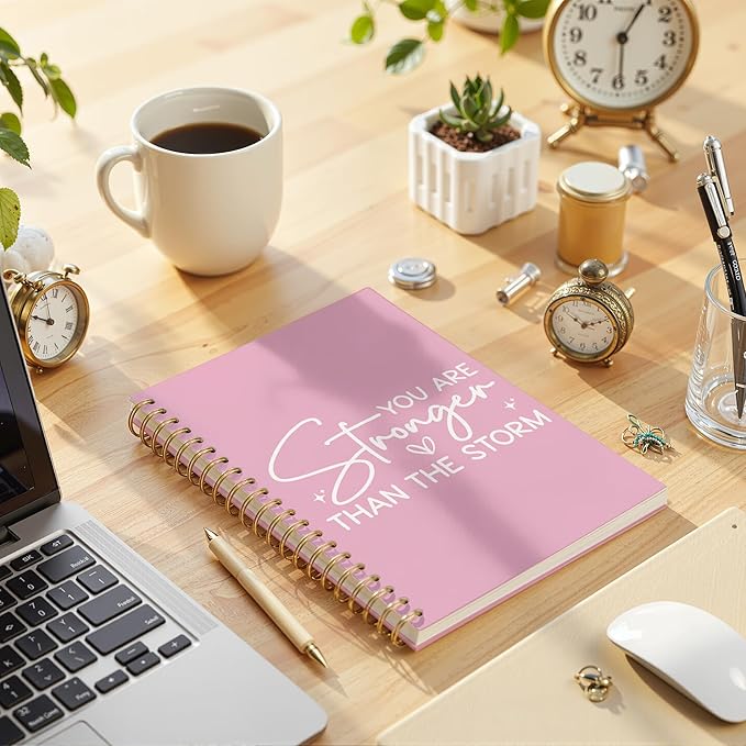 Pink Stronger Than The Storm Inspirational Spiral Notebook, Positive Affirmations Journal Diary Gift, Cute Aesthetic School Supplies for Teens Girls Women, Motivational Gift, 5.5x8.3 Inch