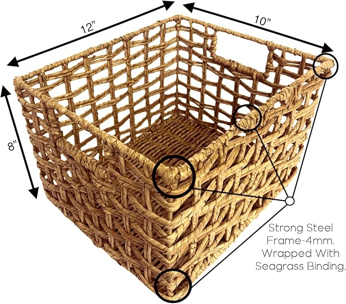 Handwoven Natural Basket Set – 3 Buri & Wicker Crates, 12"x10"x8", Storage for Pantry, Kitchen, Shelves, Breathable Open Weave Organizer, Rustic Milk Crate Design