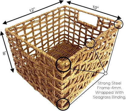 Handwoven Natural Basket Set – 3 Buri & Wicker Crates, 12"x10"x8", Storage for Pantry, Kitchen, Shelves, Breathable Open Weave Organizer, Rustic Milk Crate Design
