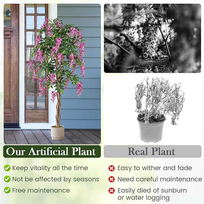 Goplus 5.5FT Ficus Artificial Tree, Faux Wisteria Tree in Nursery Pot with Blooming Flowers, Fake Potted Tree Greenery Floor Plant for Indoor Home Office Porch Living Room Decor