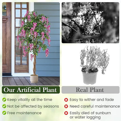 Goplus 5.5FT Ficus Artificial Tree, Faux Wisteria Tree in Nursery Pot with Blooming Flowers, Fake Potted Tree Greenery Floor Plant for Indoor Home Office Porch Living Room Decor
