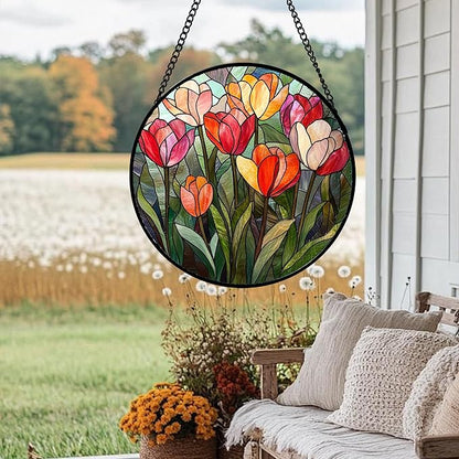 Stained Glass Window Hanging Red and Pink Tulips 6.3" - Plant Suncatcher Door Garden Flower Sun Catcher Home Decor Birthday Christmas for Mom Woman Wife Friend Nana