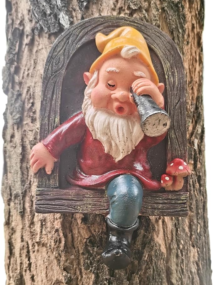 Gnome Open The Door Garden Decor Resin Tree Faces Decor Outdoor Fairy Garden Patio Lawn Porch (Red Telescope)