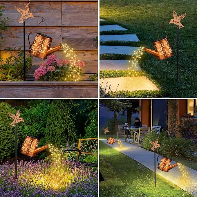 Outdoor Hanging Solar Lantern Waterproof Set Outside Metal Openwork Cardinal watering can Landscape Lights for Garden Yard Patio Pathway Decor Birthday Gifts for Women Mom Grandma -With Floor Pole
