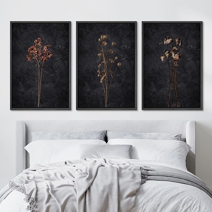 Ashbrook Framed Canvas Print Wall Art Set Dark Moody Wildflowers Nature Wilderness Illustrations Modern Art Decorative Floral Botanical Minimal Calm/Relax/Cozy for Bedroom - 16"x24"x3 Black