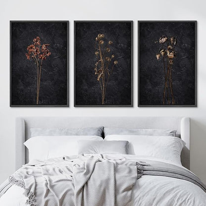 Ashbrook Framed Canvas Print Wall Art Set Dark Moody Wildflowers Nature Wilderness Illustrations Modern Art Decorative Floral Botanical Minimal Calm/Relax/Cozy for Bedroom - 16"x24"x3 Black