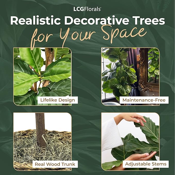 3.2ft Artificial Fiddle Leaf Fig Tree - Real Wood Trunk, Preassembled, No Maintenance Indoor Faux Plant in Copper Metal Pot - Living Room, Home & Office Decor