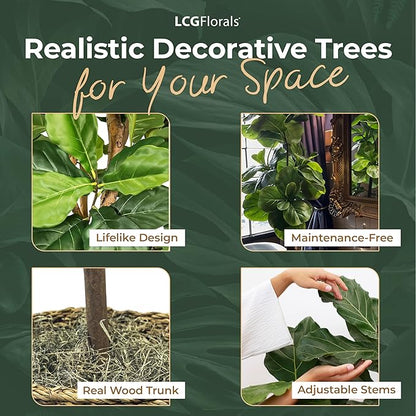 3.2ft Artificial Fiddle Leaf Fig Tree - Real Wood Trunk, Preassembled, No Maintenance Indoor Faux Plant in Copper Metal Pot - Living Room, Home & Office Decor