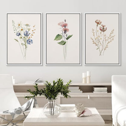 Ashbrook Framed Canvas Print Wall Art Set Pastel Flower Variety Nature Wilderness Illustrations Modern Art Decorative Floral Botanical Minimal Calm/Relax/Cozy for Bedroom - 24"x36"x3 White