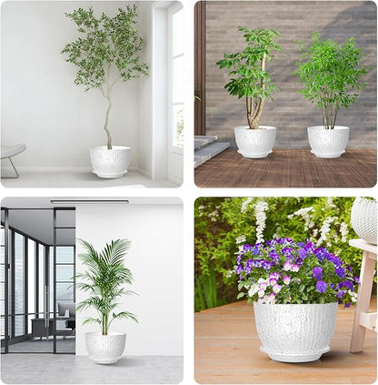 10 inch Large Plant Pots, Flower Pots with Multi-Mesh Drainage Holes and Saucer, Plastic Planters for Indoor and Outdoor Garden Plants (Speckled White, 10")