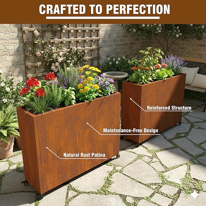 36" L x 9.3" W x 28.4" H Corten Steel Planter Box with Wheels & Removable Shelf – Rolling Raised Garden Bed with Rust Patina, Smart Drainage System, Outdoor Planter for Patio & Modern Décor