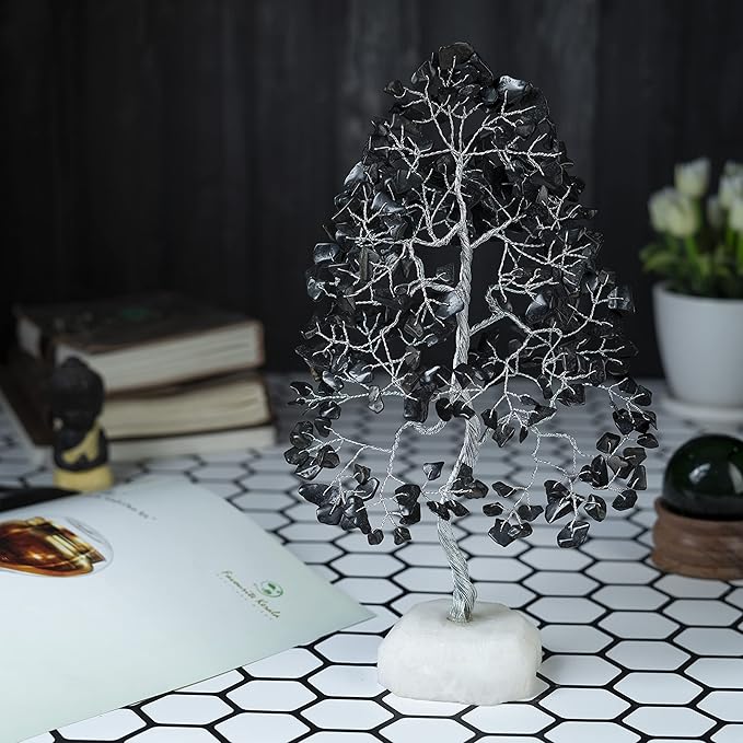 Black Tourmaline Gemstone Tree of Life Quartz Base Chakra Tree for Positive Energy, Handmade Crystal Tree Feng Shui Decor Money Tree Bonsai Good Luck Black Healing Crystals Spiritual Fathers Day Gift
