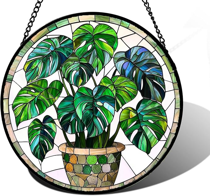 Stained Glass Window Hanging, Green Plant Monstera t Suncatcher Diamond Colorful Glass Panel Sun Catchers Decor for Birthday for Women, Men, Wife, Aunt, and Mom 7.8 in