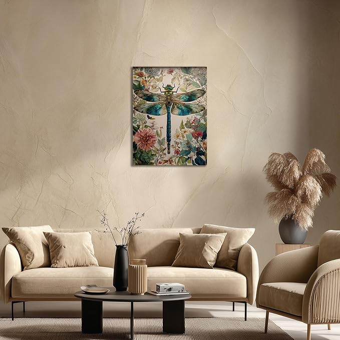 GDSRGXC Vintage Botanical Dragonfly Canvas Wall Art, Turquoise and Gold Insect Print with Floral Background, Nature Home Decor (12''x16'')