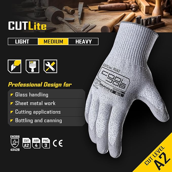COOLJOB 12/120 Pairs Cut Resistant Safety Work Gloves with Grip, 13 Gauge Seamless Shell with PU Coating, ANSI A2 A4 A6, Gray