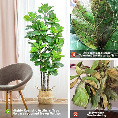 ROOMTEC Artificial Fiddle Leaf Fig Tree,7 FT Tall Artificial Tree with Woven Seagrass Plant Basket Fake Floor Plant in Pot for Home Decor Living Room Indoor Outdoor Office Bedroom Decor