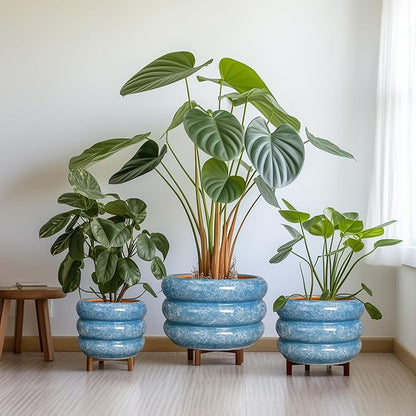 SQOWL Ceramic Plant Pot Indoor with Drainage Hole 13.5 Inch - Large Outdoor Planter Ceramic Flower Pot Modern Round Planter Decorative Plant Pot for Outdoor Porch Decor Blue