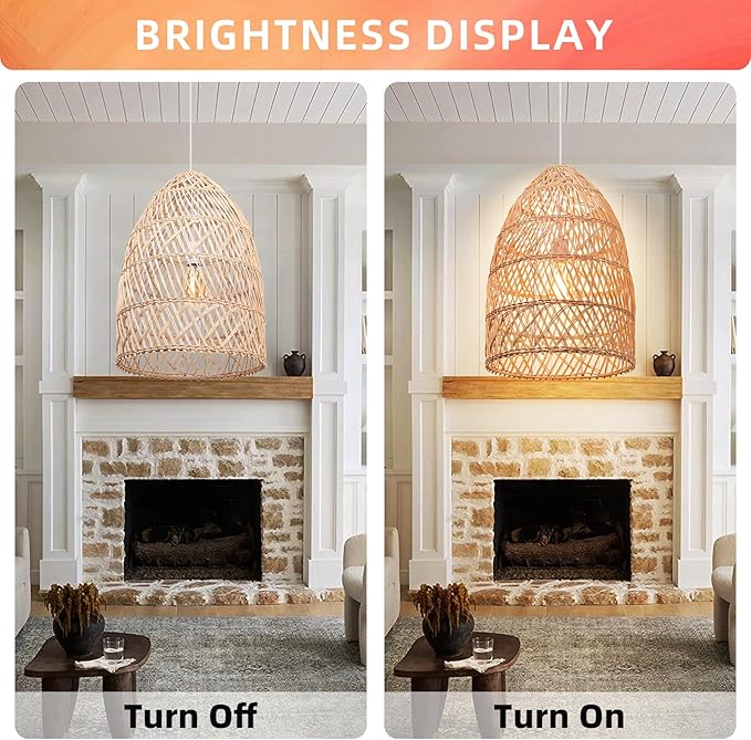 Arturesthome Natural Rattan Pendant Light, Woven Lantern Chandelier Pendant Lamp Shade, Hanging Ceiling Light, Handmade Lampshade for Kitchen Island Hallway Foyer