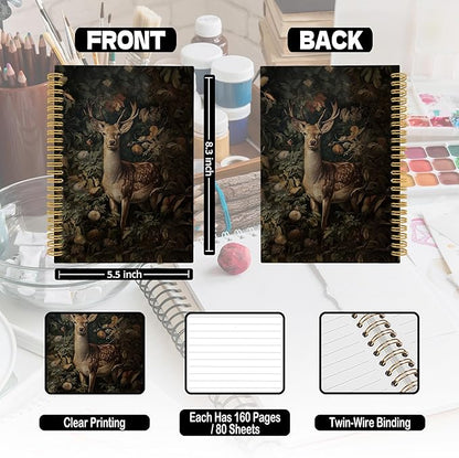 XPH William Morris Deer Spiral Notebook, Dark Cottagecore Journaling Notebooks for Note Taking, Vintage Botanical Buck Hardcover Journal for Writing 160 Pages 5.5 x 8.3 Inch, Deer Gifts for Women