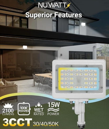 NUWATT 15W LED Flood Light, 3CCT 3000K/4000K/5000K Selectable, IP65 Waterproof Lighting, 1/2" Adjustable Knuckle Mount, 2100 Lumens, 120-277V, Outdoor Security Floodlight for Yard, White, UL
