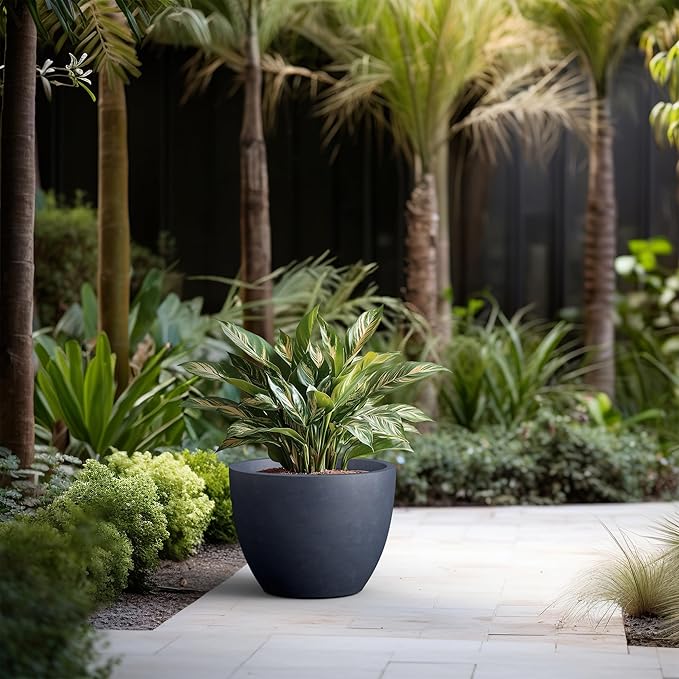 Kante 17.3 Inch Round Concrete Planter - Classic Large Indoor/Outdoor Plant Pot with Drainage Hole and Rubber Plug, Suitable for Gardens and Patios, Charcoal