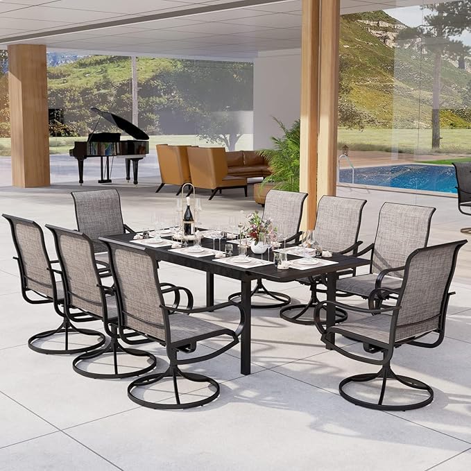 MFSTUDIO Patio Dining Set for 8, Outdoor Dining Set with Expandable Table and Swivel Chairs, 9 Piece Patio Table and Chairs Set for Deck/Backyard/Poolside/Garden