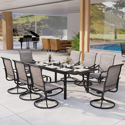 MFSTUDIO Patio Dining Set for 8, Outdoor Dining Set with Expandable Table and Swivel Chairs, 9 Piece Patio Table and Chairs Set for Deck/Backyard/Poolside/Garden
