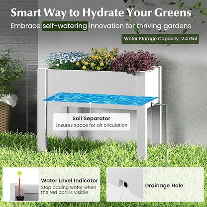 Giantex Raised Garden Bed with Legs, Self-Watering Planter Box with Water Level Indicator, Drainage Hole & Detachable Space Dividers, Outdoor Plant Container for Flower, Vegetable, Fruit, Herb (White)
