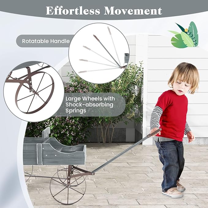 Goplus Wagon Planter, Decorative Wooden Garden Planter with Wheels, 2 Planting Sections and Adjustable Handle, Indoor Outdoor Backyard Balcony Decor (Gray)