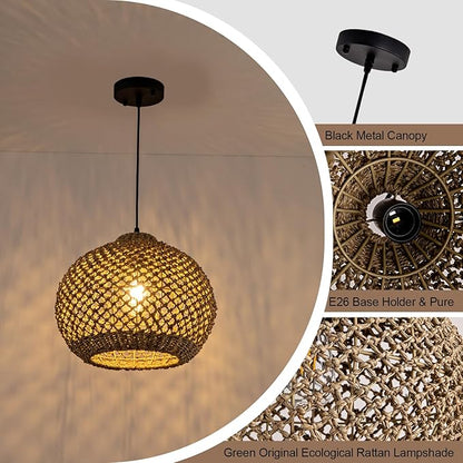 Farmhouse Rattan Pendant Lights, 13.8" Wicker Hand-Woven Rustic Chandelier, Round Hanging Light Fixture for Kitchen Island Bedroom Hallway Entry Living Room Dining Coffee Bar