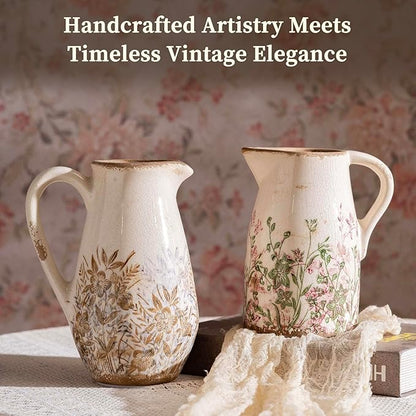 Purple and Borwn Floral Vintage Vase with Handle, French Country Floral Pitcher Vase, Rustic Ceramic Farmhouse Vases for Home Decor, Living Room, Bookshelf, Grand Millennial Tuscan Decor 8.7 in