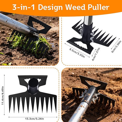 Stainless Steel Weed Puller Tool - Detachable 4-Section Handle with Saw Blade Weeder, 59" Root Remover for Lawn, Garden & Yard