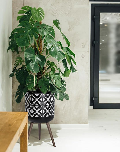 D'vine Dev 14 Inch Planter Pot with Stand, Mid-Century Tall Plant Pot with Legs for Indoor Plants, White/Black, 88-G-D-4