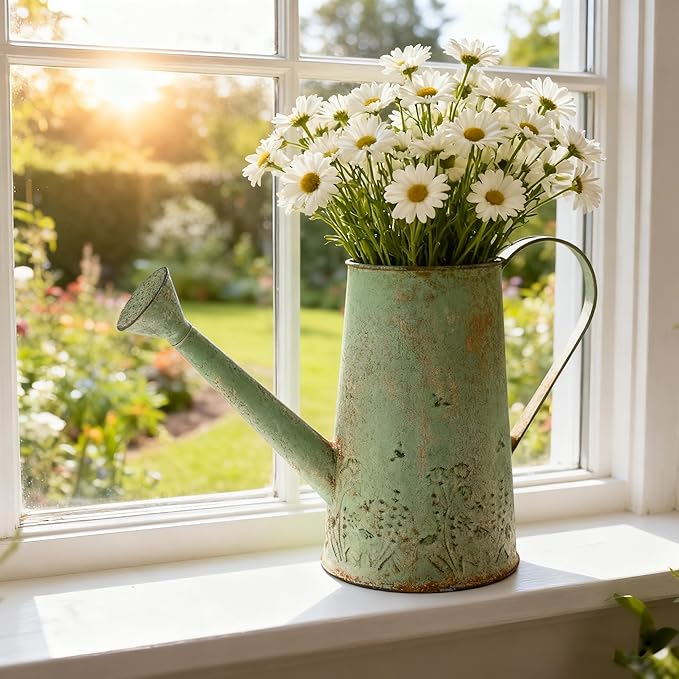 Vintage Metal Watering Can with Floral Embossed Design Garden Distressed Green Decorative Watering Pot Planter Farmhouse Waterer for Home Indoor Outdoor Garden Balcony Courtyard (Green#2)
