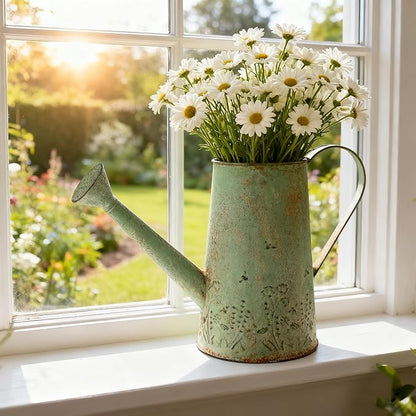 Vintage Metal Watering Can with Floral Embossed Design Garden Distressed Green Decorative Watering Pot Planter Farmhouse Waterer for Home Indoor Outdoor Garden Balcony Courtyard (Green#2)